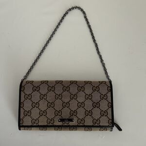 Gucci Wallet on Chain WOC GG Monogram Canvas Brown Leather Continental Clutch
